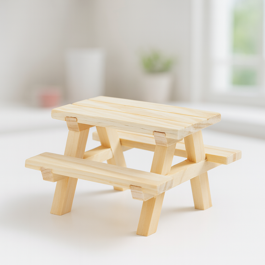 Miniatur Tisch mit Bänken aus Holz 8x8x5,5cm – Wichtel Zubehör für Puppenhaus, Diorama und Modellbau