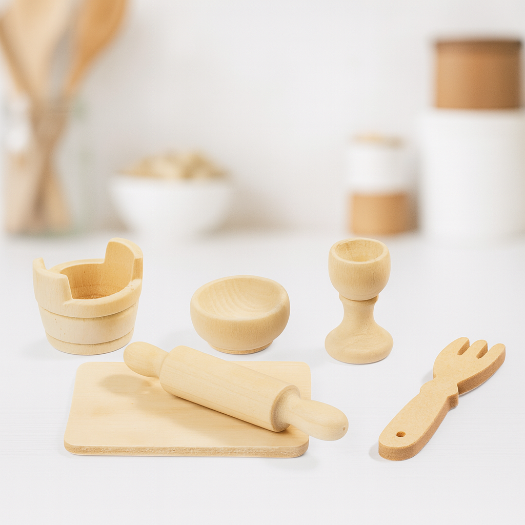 Miniatur Backset 6-teilig aus Holz, ca. 1–5,5 cm, bestehend aus Nudelholz, Brett, Schüssel, Eimer, Eierbecher und Gabel – Zubehör für Wichteltür und Puppenhaus