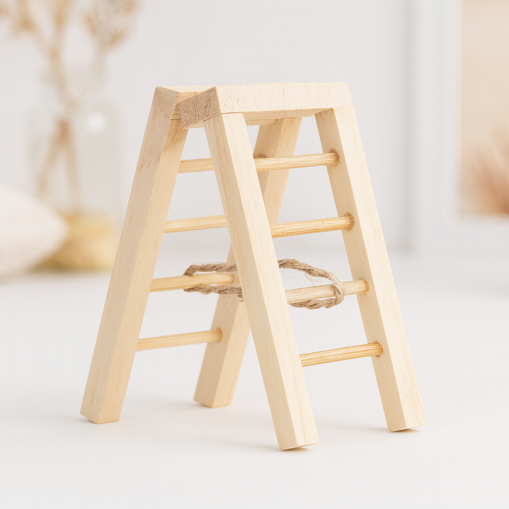 Miniatur Stehleiter 7,5cm aus Holz – Wichtel Zubehör für Puppenhaus, Diorama & Modellbau