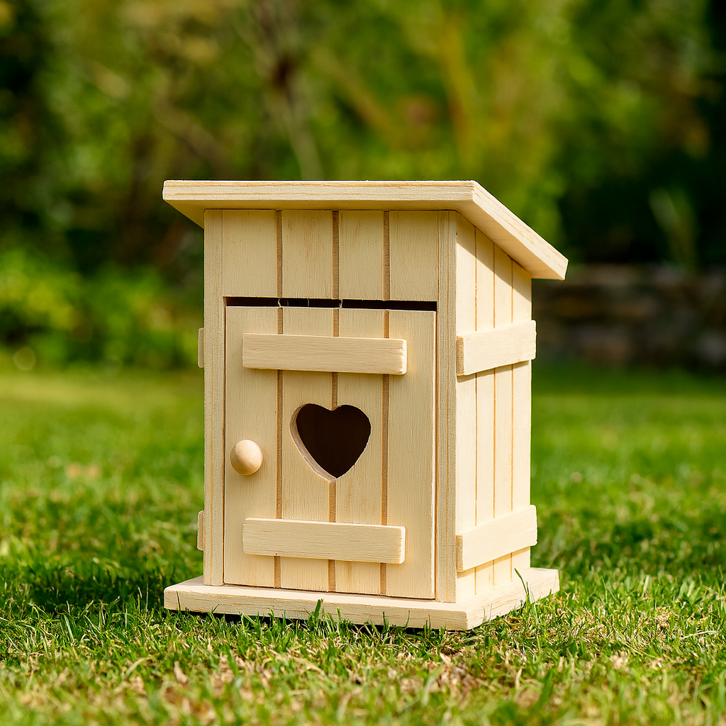 Miniatur Wichtel Zubehör Toilettenhäuschen aus Holz, natur, ca. 8x10x6,5cm