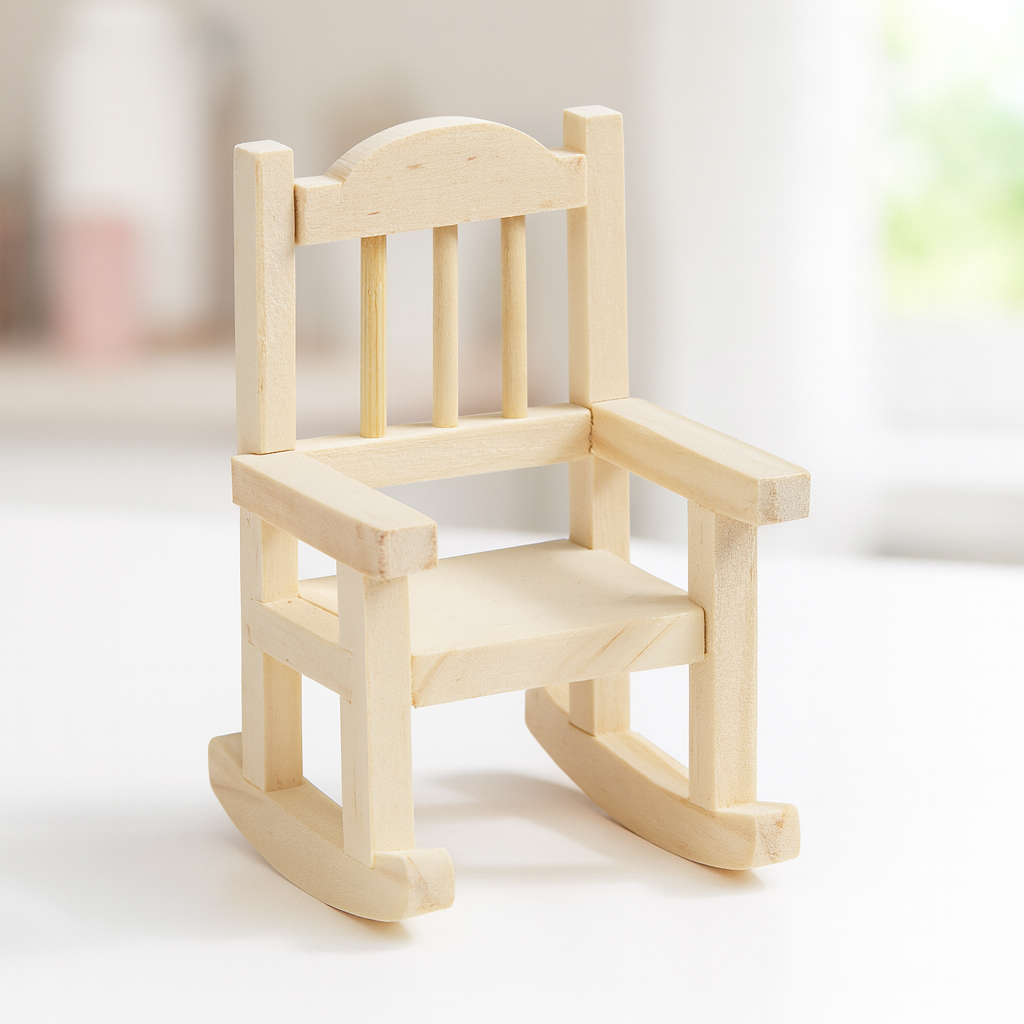 Miniatur Schaukelstuhl aus Holz 3,5x3,5x7cm – Wichtel Zubehör für Puppenhaus, Diorama und Modellbau