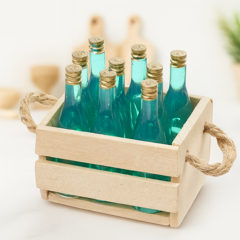 Miniatur Weinkiste ca. 4cm mit 10 Flaschen – Wichtel Zubehör Holz/Kunststoff