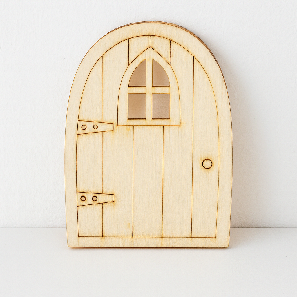 Miniatur Wichteltür aus Holz mit Fenster 6x10x0,3cm – Zubehör für Puppenhaus, Diorama und Modellbau