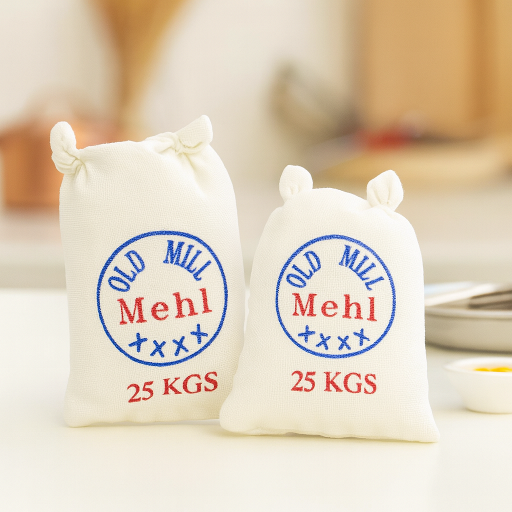 Miniatur Mehlsack 2-teilig ca. 4,5 cm mit Aufdruck – Wichtel Zubehör aus Synthetik
