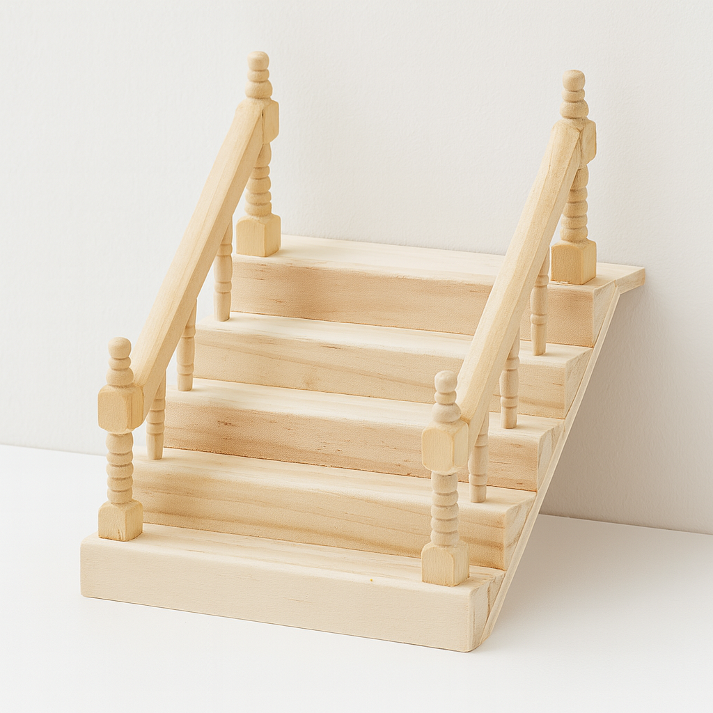 Miniatur Treppe mit Geländer 10,5cm – naturbelassenes Wichtel Zubehör aus Holz für Puppenhaus, Diorama und Modellbau