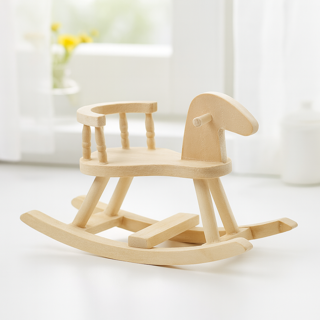 Miniatur Schaukelpferd aus Holz, ca. 6cm – Wichtel Zubehör für Puppenhaus, Diorama und Modellbau