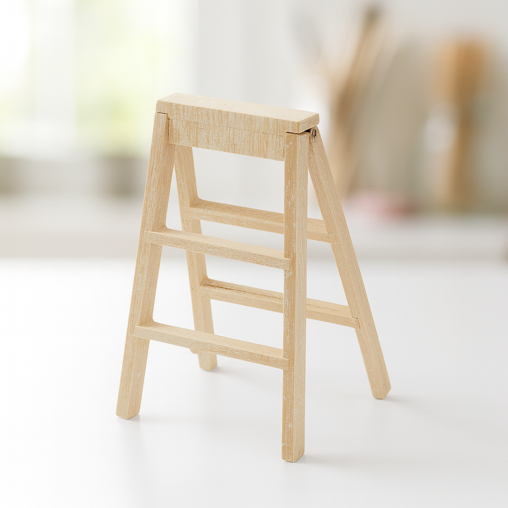 Miniatur Stehleiter aus Holz, ca. 2,4x3,3x5,5cm – Wichtel Zubehör für Puppenhaus, Diorama und Modellbau