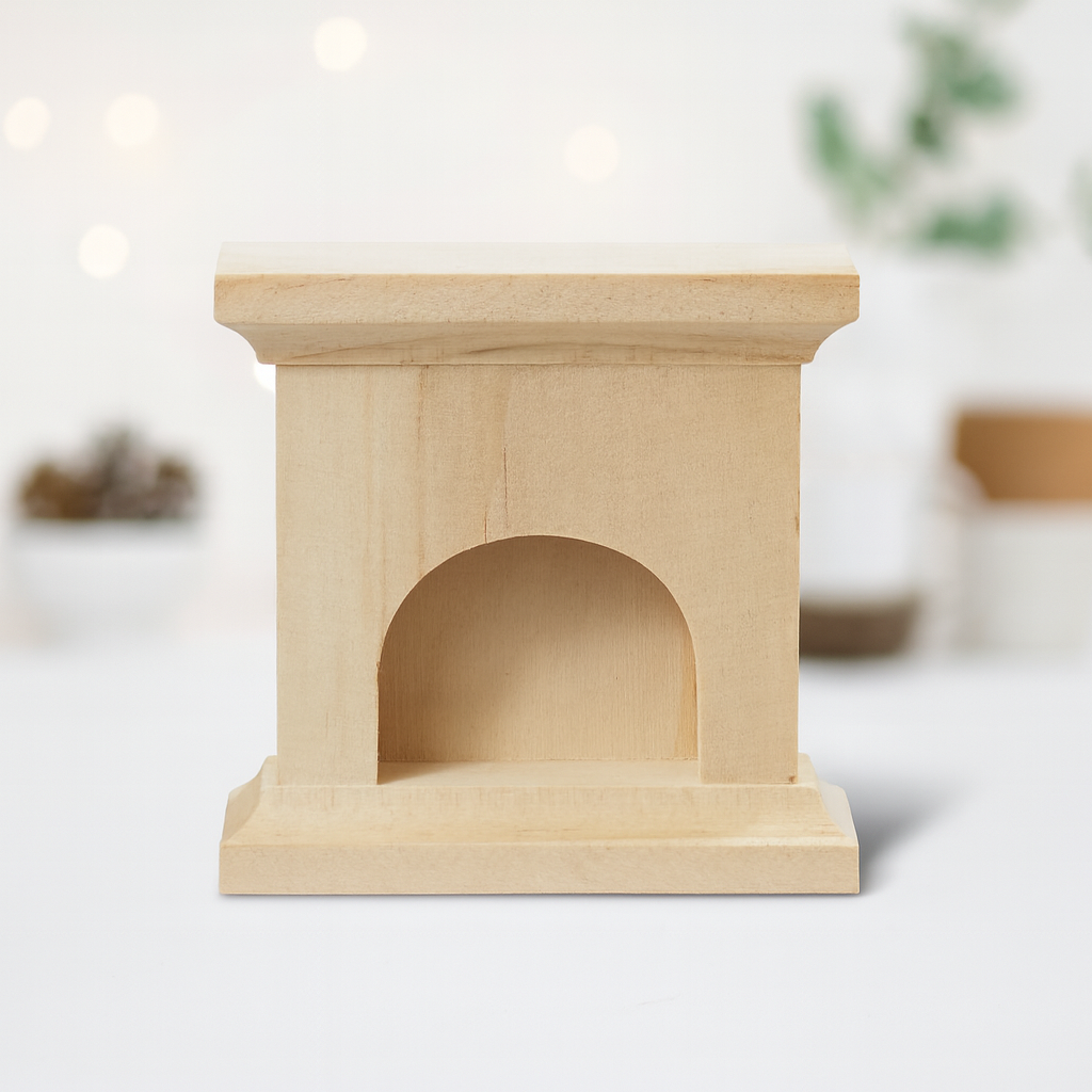 Miniatur Kamin 6,5cm aus Holz – Wichtel Zubehör für Puppenhaus, Diorama & Modellbau