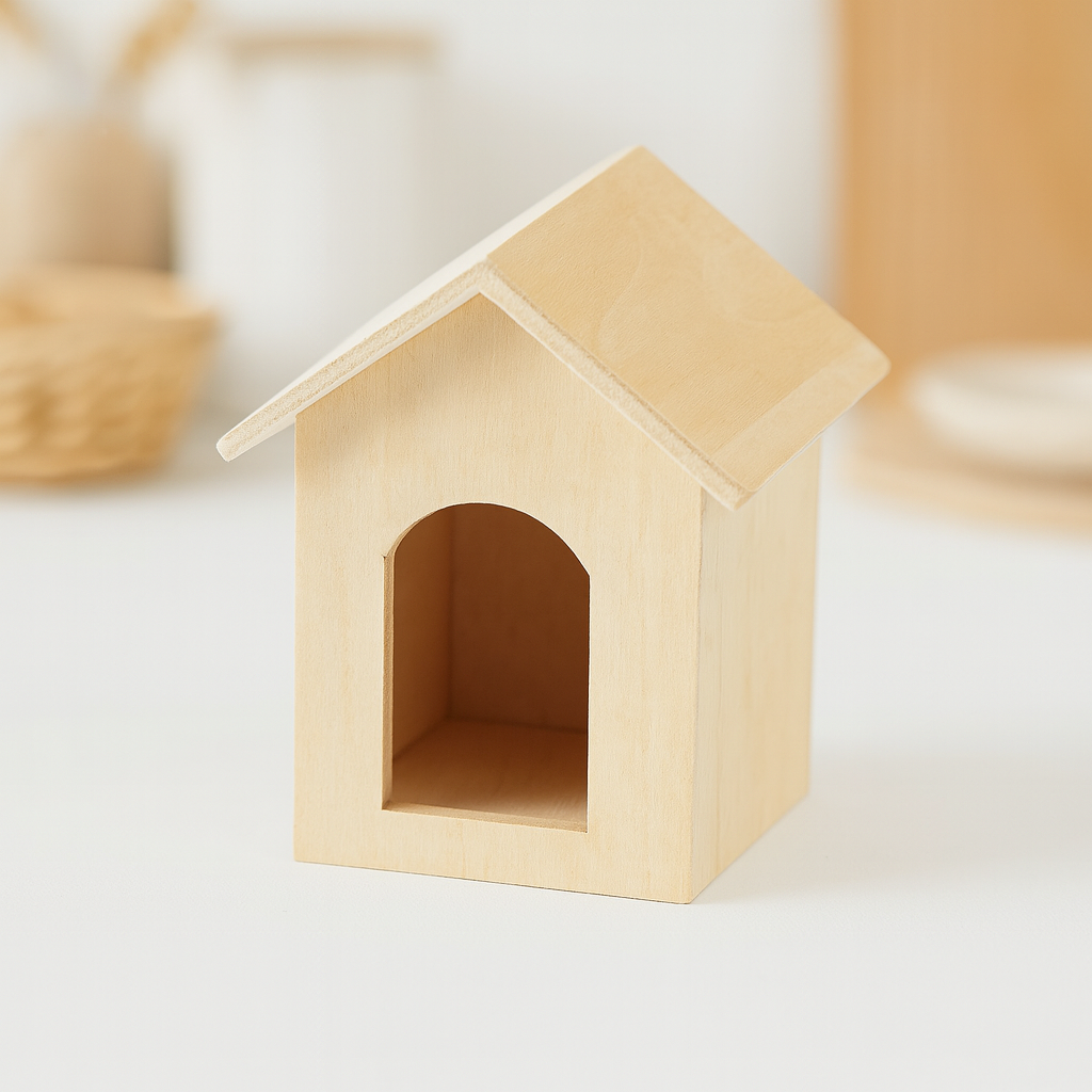 Miniatur Hundehütte 5,5cm aus Holz – Wichtel Zubehör für Puppenhaus, Diorama & Modellbau
