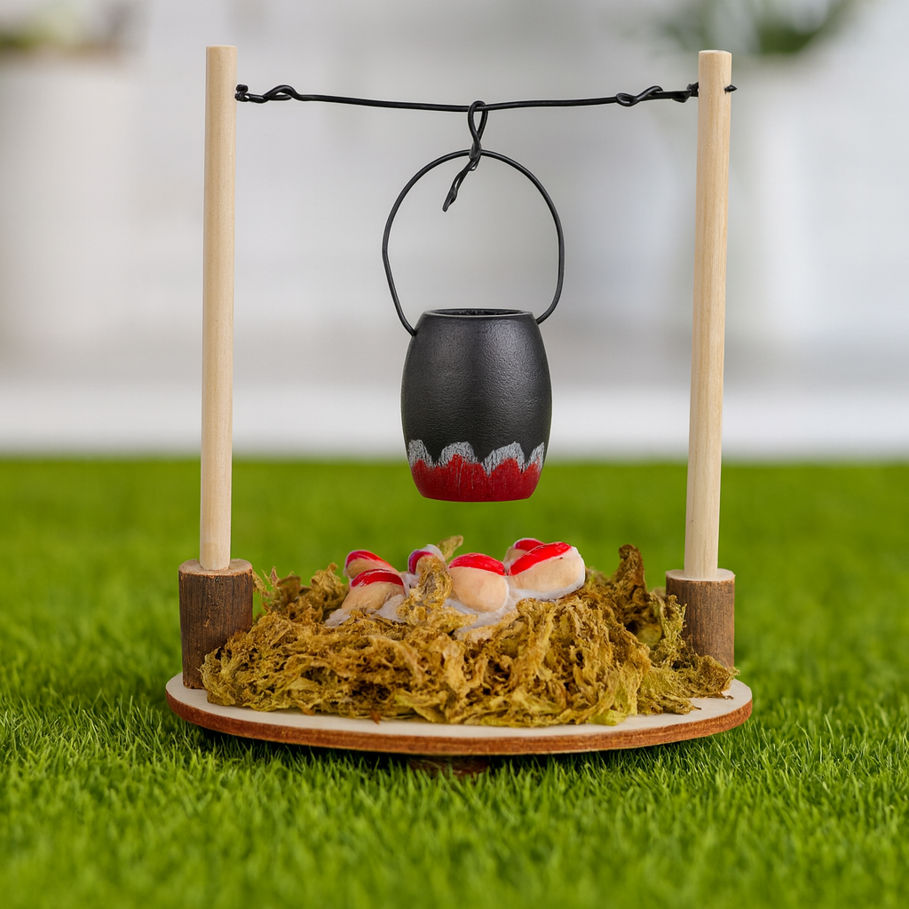 Miniatur Feuerstelle mit Topf ca. 7x7x8,5 cm aus Holz & Stoff – Wichtel Zubehör mit Lichtfunktion und CR2032 Knopfzelle