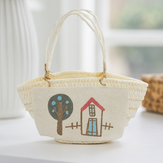 Miniatur Tasche 5,2x2x3cm mit Haus- und Baum-Motiv – Wichtel Zubehör für Puppenhaus, Diorama und Modellbau