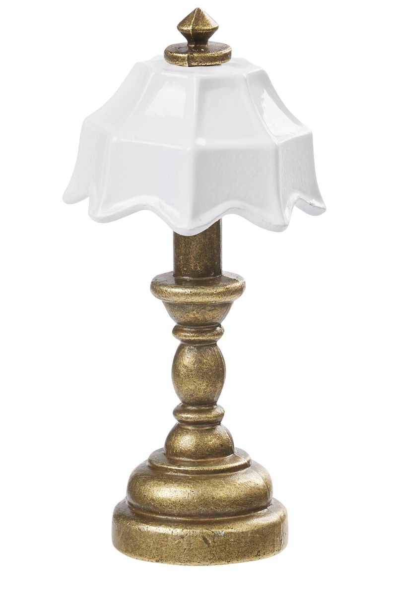 Miniatur Tischlampe messing-weiß ca. 2x4,3 cm aus Kunststoff – Wichtel Zubehör für Puppenhaus, Diorama und Wichtelwelt
