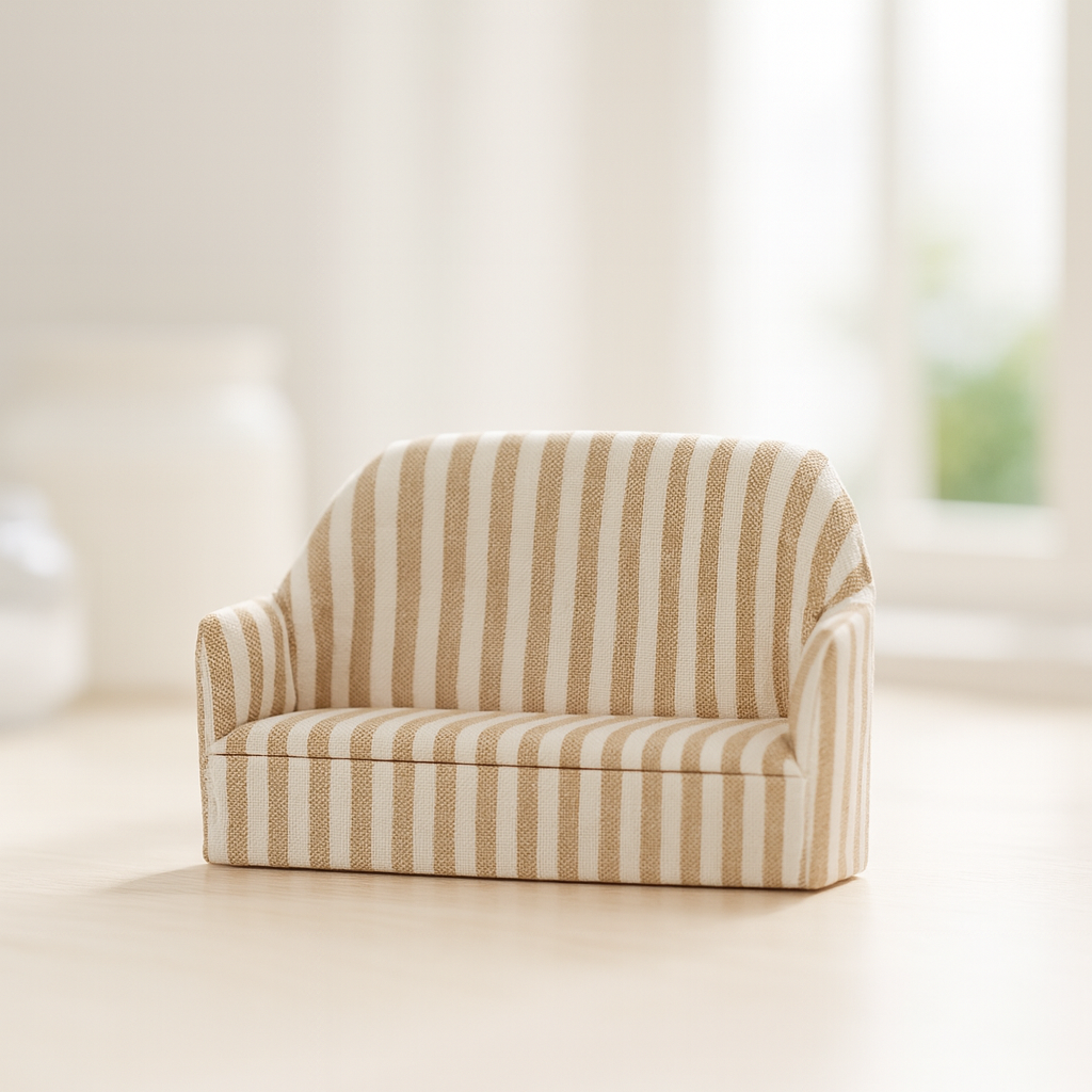 Miniatur Sofa braun-weiß gestreift aus Stoff, Wichtel Zubehör, ca. 11,5x4,5x8cm
