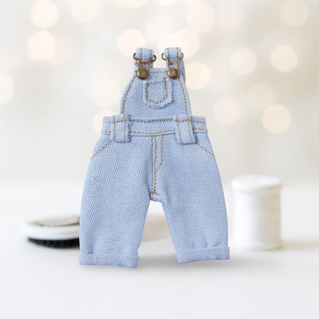 Miniatur Latzhose Jeans blau ca. 8,5x4 cm aus Stoff – Wichtel Zubehör für Puppenhaus, Diorama und Wichtelwelt