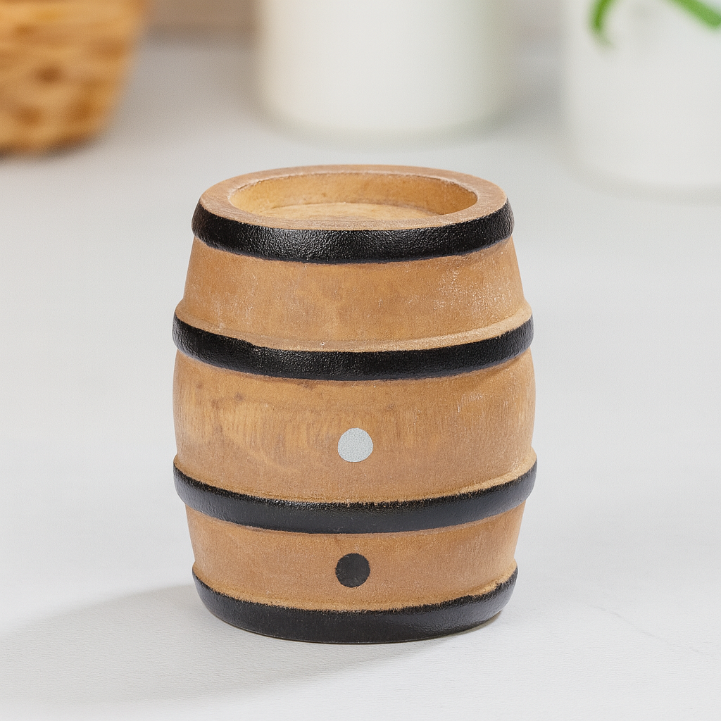 Miniatur Fass ca. 5x3,5cm naturfarben mit schwarzen Ringen – Wichtel Zubehör Holz
