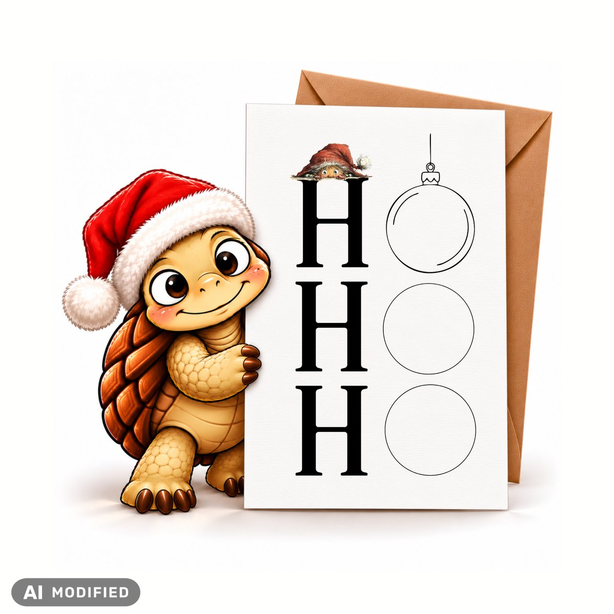 Lustige Weihnachtskarte HO HO HO mit drei Weihnachtskugeln als Buchstaben O und kleinem Wichtel mit roter Mütze. Weiße DIN-A6-Postkarte mit braunem Umschlag.