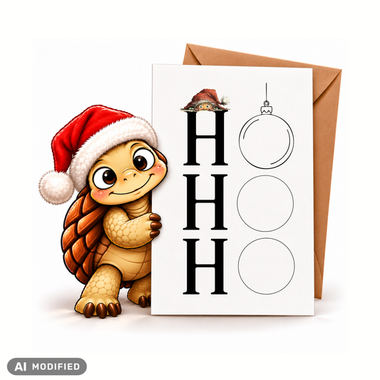 Lustige Weihnachtskarte HO HO HO mit drei Weihnachtskugeln als Buchstaben O und kleinem Wichtel mit roter Mütze. Weiße DIN-A6-Postkarte mit braunem Umschlag.