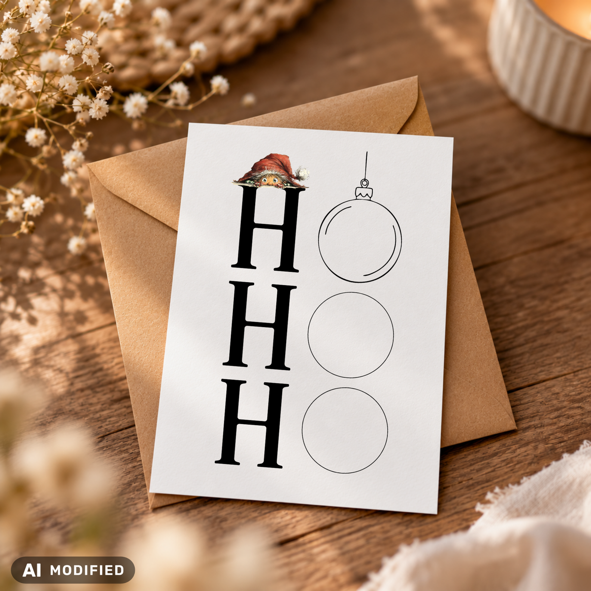 Lustige Weihnachtskarte HO HO HO mit drei Weihnachtskugeln als Buchstaben O und kleinem Wichtel mit roter Mütze. Weiße DIN-A6-Postkarte mit braunem Umschlag.