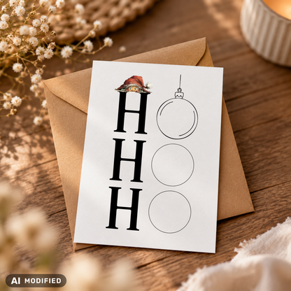 Lustige Weihnachtskarte HO HO HO mit drei Weihnachtskugeln als Buchstaben O und kleinem Wichtel mit roter Mütze. Weiße DIN-A6-Postkarte mit braunem Umschlag.