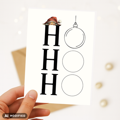Lustige Weihnachtskarte HO HO HO mit drei Weihnachtskugeln als Buchstaben O und kleinem Wichtel mit roter Mütze. Weiße DIN-A6-Postkarte mit braunem Umschlag.