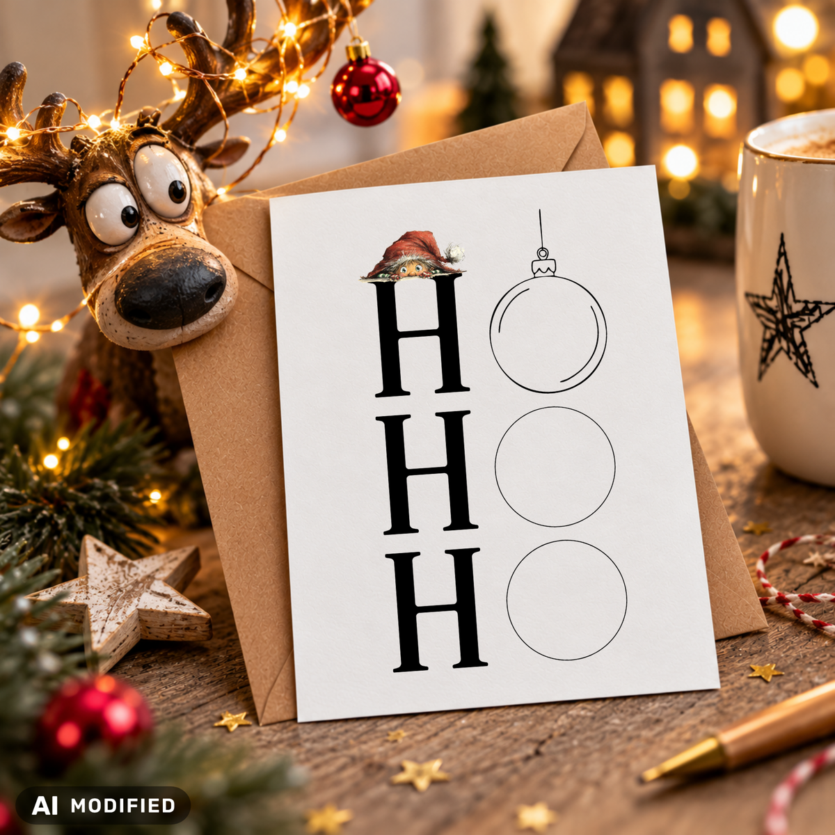 Lustige Weihnachtskarte HO HO HO mit drei Weihnachtskugeln als Buchstaben O und kleinem Wichtel mit roter Mütze. Weiße DIN-A6-Postkarte mit braunem Umschlag.
