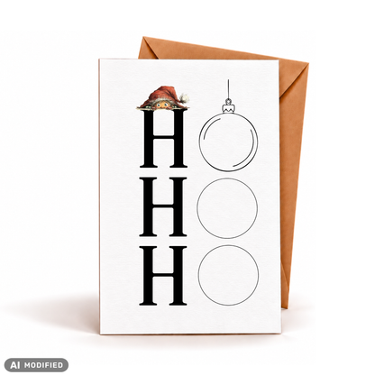 Lustige Weihnachtskarte HO HO HO mit drei Weihnachtskugeln als Buchstaben O und kleinem Wichtel mit roter Mütze. Weiße DIN-A6-Postkarte mit braunem Umschlag.